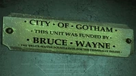 Bruce Wayne's Plaque in the Medical Foyer at the Medical Facility on Arkham Island.