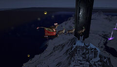 Raptor Claus in his sleigh, dropping gifts over the snowy ARK during ARK: Winter Wonderland.