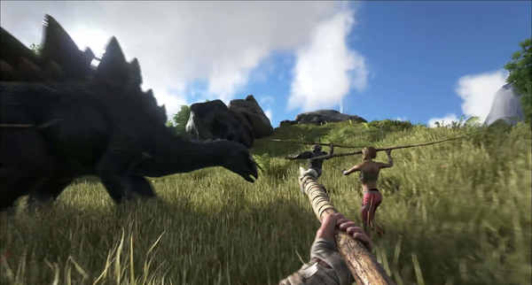 Una imagen del anuncio del Acceso Anticipado de ARK, en la que se puede ver a los jugadores lanzando varias lanzas a un Estegosaurio.