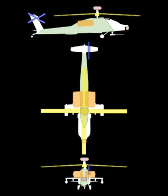 LEGENDGreen = HullOrange = EnginesMaroon = Instruments/FCR domeYellow = Main rotorDark blue = Tail rotor