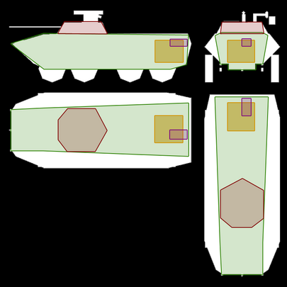 LEGENDGreen = BodyOrange = EngineViolet = Fuel tankMaroon = Turret (IFV only)