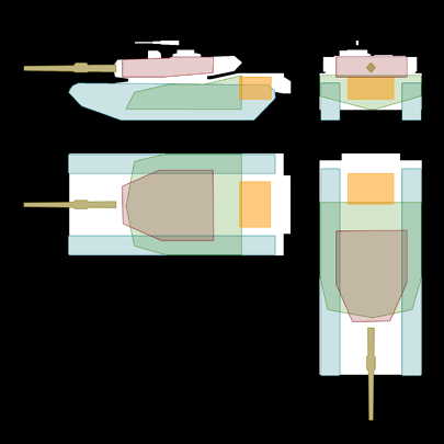 LEGENDGreen = HullOrange = EngineLight blue = TracksMaroon = TurretGold = Main gun