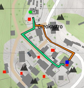 LEGENDRed: UXOBlue: Starting locationTeal: Route #1Orange: Route #2Green: IDAP camp (goal)