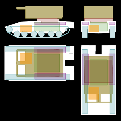 LEGEND'"`UNIQ--ref-00000016-QINU`"'Green = HullOrange = EngineViolet = Fuel tanksLight blue = TracksMaroon = Turret: TraverseGold = Turret: Elevation