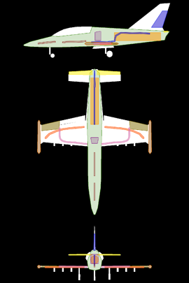 LEGEND'"`UNIQ--ref-00000023-QINU`"'Green = HullOrange = EngineViolet = Internal fuel tankMagma = Wing fuel linesBrown = Wingtip fuel tanksMaroon = InstrumentsGold = Control surfaces (ailerons)Yellow = Control surfaces (elevators)Dark blue = Control surfaces (rudder)Pink = Control surfaces (aileron links)