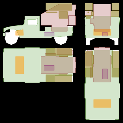 LEGENDGreen = BodyOrange = EngineViolet = Fuel tankMaroon = Turret: TraverseGold = Turret: Elevation
