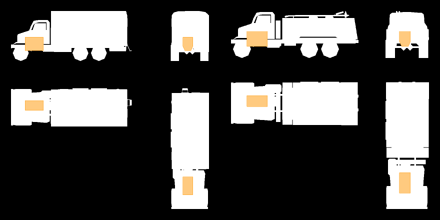 Left: V3S Reammo/Repair/Salvage Truck, Right: V3S RefuelLEGENDOrange = Engine