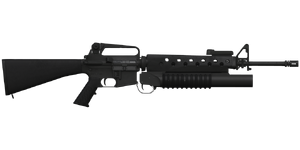 The M16A2 + M203 GL 5.56 mm assault rifle.
