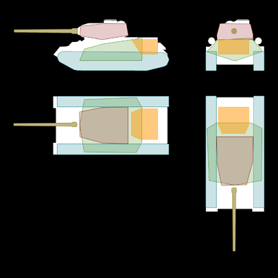 LEGENDGreen = HullOrange = EngineLight blue = TracksMaroon = TurretGold = Main gun