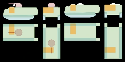 Left: Armed, Right: UnarmedLEGENDGreen = HullOrange = EngineLight blue = TracksMaroon = Turret (Armed only)