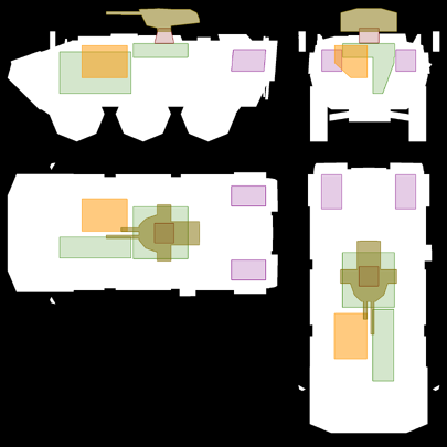 LEGEND'"`UNIQ--ref-00000017-QINU`"'Green = BodyDark blue = HullOrange = EngineViolet = Fuel tankMaroon = RCWS (Traverse)Gold = RCWS (Elevation)