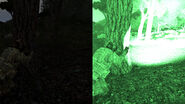 The Pistol IR Flashlight in use, with (right) and without (left) night vision enabled.