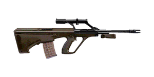 The AUG A1 5.56 mm assault rifle.