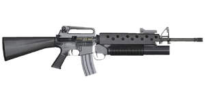 The M16A2 + M203 5.56 mm assault rifle.