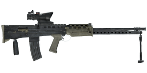 The L86A2 LSW 5.56 mm marksman rifle.