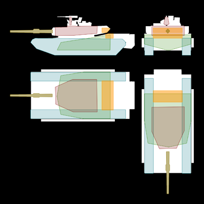 LEGENDGreen = HullOrange = EngineLight blue = TracksMaroon = TurretGold = Main gun