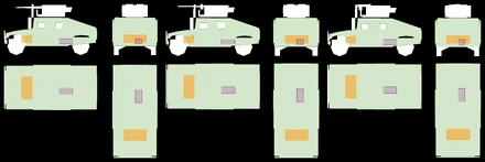Left: HMMWV GPK (M2), Centre: HMMWV GPK (DShKM), Right: HMMWV GPK (AGS-30)LEGENDGreen = BodyOrange = EngineViolet = Fuel tank