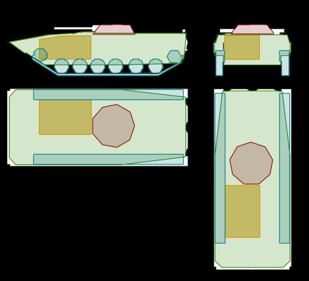 LEGENDGreen = HullOrange = EngineLight blue = TreadsMaroon = Turret