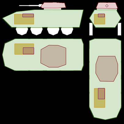 LEGENDGreen = BodyOrange = EngineViolet = Fuel tankMaroon = Turret (APC only)