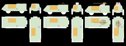 Left: Vodnik (Ambulance), Centre: Vodnik (2xPK), Right: Vodnik (BPPU)LEGENDGreen = BodyOrange = EngineViolet = Fuel tankMaroon = Turret (traverse)Gold = Turret (elevation)