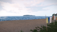 The island of Ile Douen from across the bay, shoreside view.