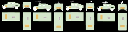 Left: HMMWV, Centre-Left: HMMWV (M2)Centre-Right: HMMWV (Mk19), Right: HMMWV (TOW)LEGENDGreen = BodyOrange = EngineViolet = Fuel tank