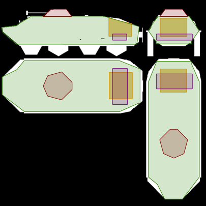 LEGENDGreen = BodyOrange = EngineViolet = Fuel tankMaroon = Turret
