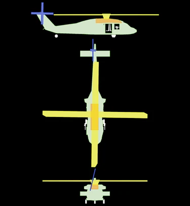 LEGENDGreen = HullOrange = EnginesYellow = Main rotorDark blue = Tail rotor