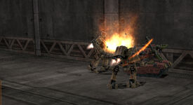 Flying Fix destroying two Gibbon MTs at once using her flamethrower