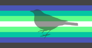 A flag with two dark grey strips on top and bottom, blue stripes in between the black ones followed by lighter blue-green stripes and two green stripes with a white stripe in the middle. There is a black transparent bird on top of all the stripes.