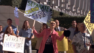 Protesting The Ten Commandments in front of the courthouse ("Justice Is Blind")