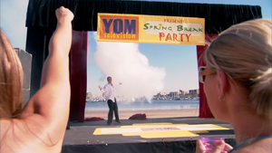 A "Y.O.M. Spring Break: Newport Beach" banner hangs at G.O.B.'s magic show ("Missing Kitty")