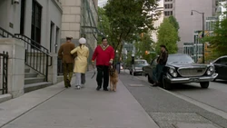 Dick Grayson walking on the streets with his dog.