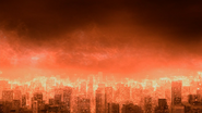 The buildings of an Earth-X city, hit by antimatter.