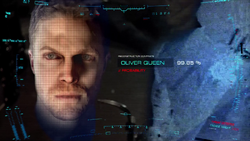 A.T.O.M. Exosuit running facial recognition software on the Arrow, confirming Oliver Queen as the result.