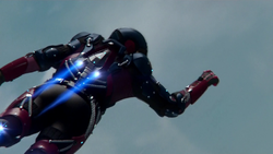 The back of the A.T.O.M. Exosuit during flight