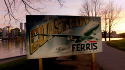 Coast City welcome sign featuring Ferris Airlines