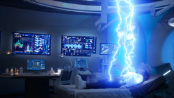 Alexa Rivera's body emitting blue lightning