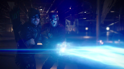 Green Arrow and Flash successfully using the Staff of Horus against Vandal Savage