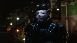 Felicity wearing the A.T.O.M. Exosuit