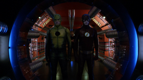 The Reverse-Flash and the Flash stand at the entrance to the Pipeline