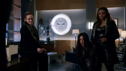 Sara, Amaya and Felicity in Damien Darhk's office