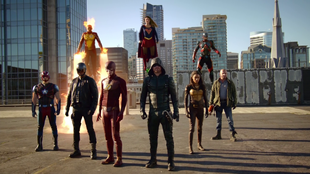 C.S., Spartan, Firestorm, The Flash, Supergirl, G.A., Vixen, The Atom & Heat Wave in "Invasion"