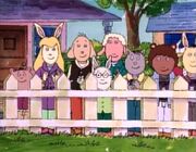 Jessica (left side) wearing her purple coat.