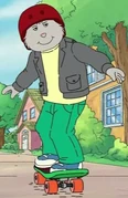 The only time Rattles actually wore protective gear while skateboarding. "Brain's Chess Mess".
