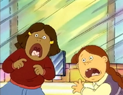 Francine and Muffy are shocked to see Arthur step into the wrong bathroom.