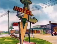 Overhead sign for the hotel