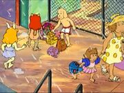 On the left side of this scene 3rd Grade Female Rabbit wearing her light blue swimsuit.