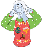 Moonstone wearing an ugly Christmas sweater.