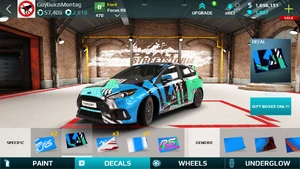 A Ford Focus RS in default blue equipped with the Hypno decal